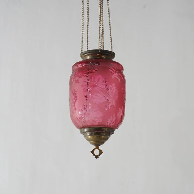 Late 19th Century Antique Victorian Cut To Clear Cranberry Glass & Brass Hanging Hall Light Circa 1880 For Sale - Image 5 of 11
