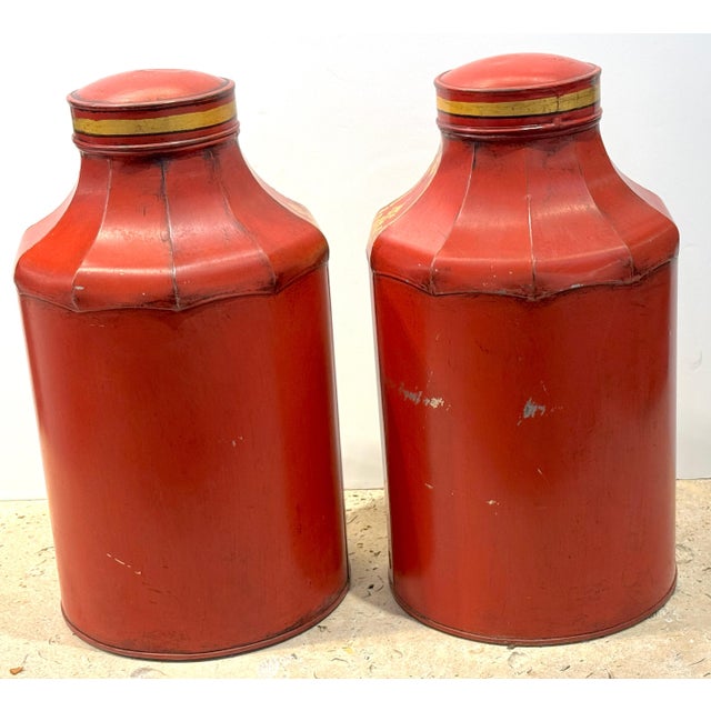 Pair of English Regency Red Tôle & Gilt Chinoiserie Tea Caddies, Nos. 2 & 4 For Sale - Image 12 of 18