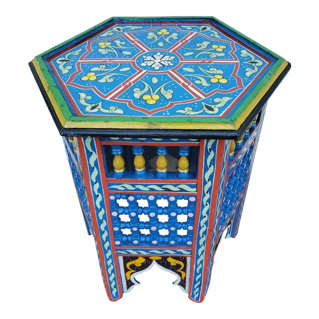 Moroccan Hexagonal Wooden Side Table, Musharabi Blue 2 For Sale