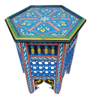 Moroccan Hexagonal Wooden Side Table, Musharabi Blue 2