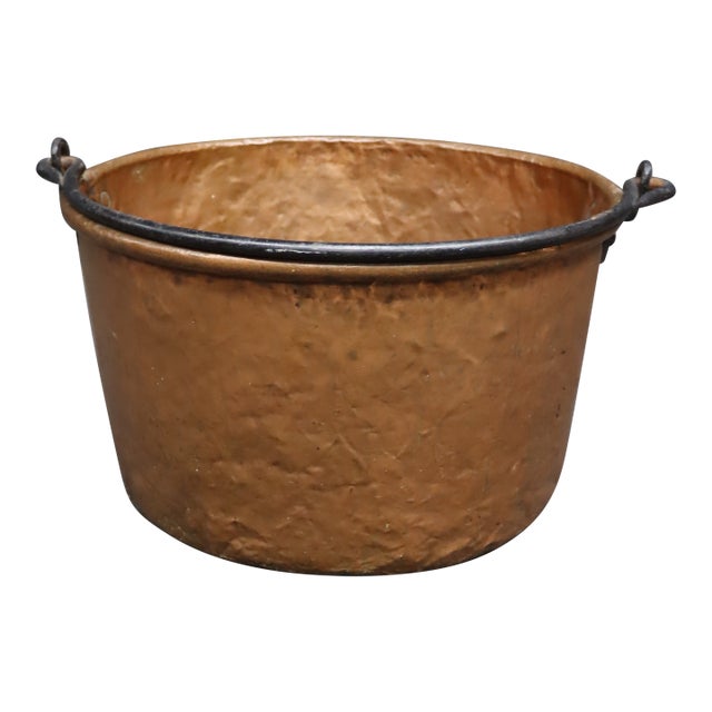 Antique Hand-Hammered Copper Apple Butter Kettle With Wrought Iron Swing Handle For Sale
