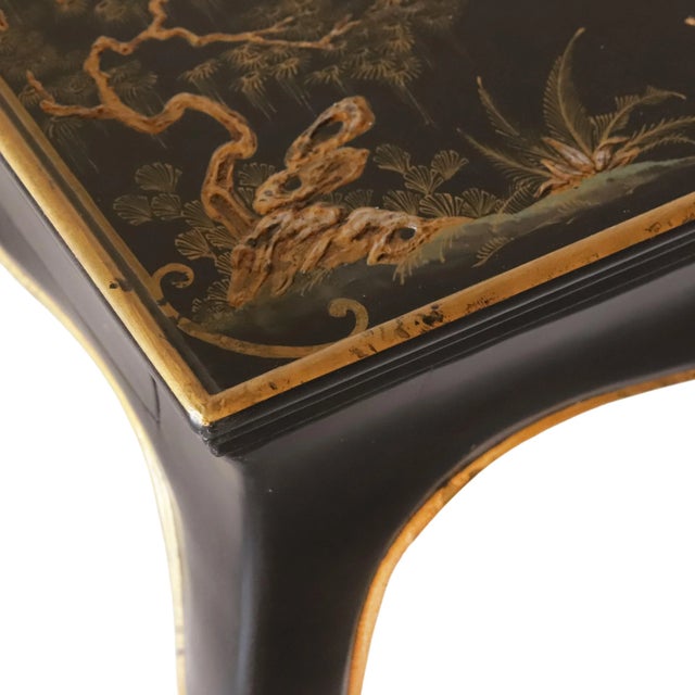 Pair Elegant Chinese Chippendale Style Black Lacquer and Gold Plated Trim Side Table, Sofa Side Table. For Sale - Image 10 of 10