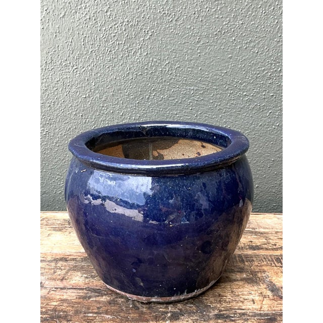 Rustic Vintage Blue Glazed Ceramic Planter For Sale - Image 3 of 12