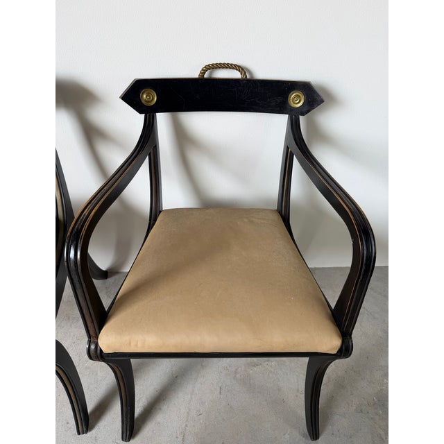 Pair of John Gee Style Hollywood Regency Ebonized Armchairs With Brass Accents For Sale In Miami - Image 6 of 12