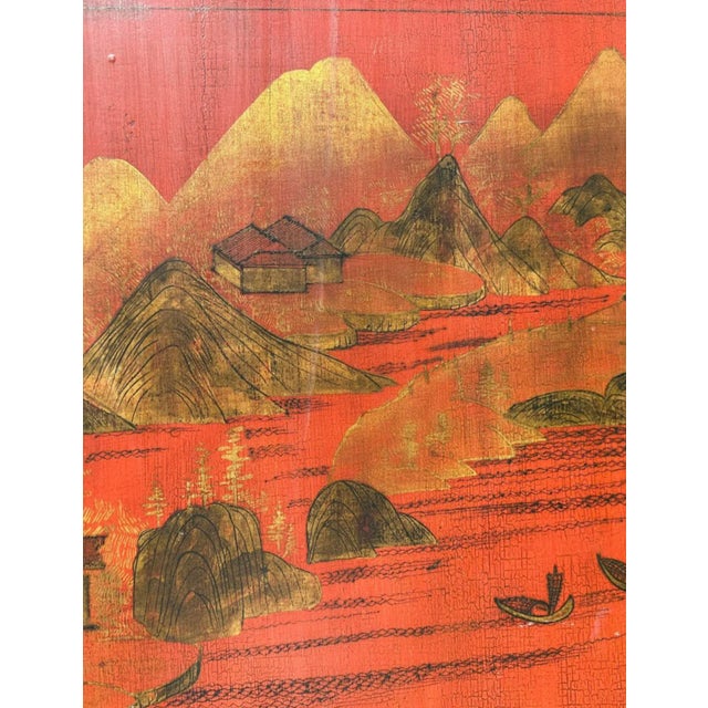 Red Chinoiserie 4 Panel Screen Red & Gold Lacquer & Black & Gold Border For Sale - Image 8 of 15