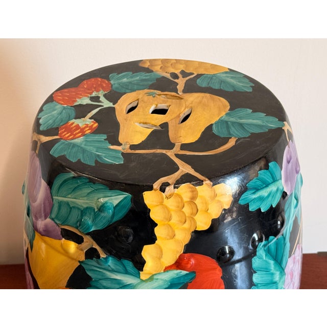 Mid 20th Century Chinese Black Ground Polychrome Ceramic Garden Seat / Stool With Fruit Decoration For Sale - Image 5 of 9