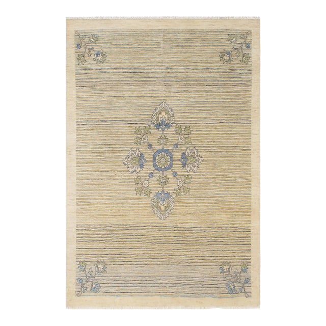 Boho Chic Gabbeh Beige/Blue Wool Rug - 4'7'' X 6'4'' For Sale
