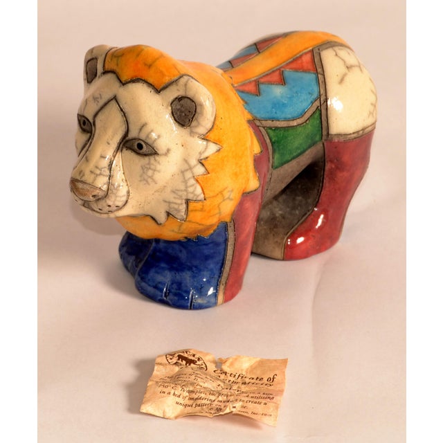 Orange 1950 South African Handmade Colorful Raku Ceramic Lion Animal Sculpture Folk Art For Sale - Image 8 of 18