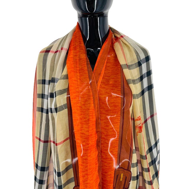 Burberry Beige & Orange Plaid 100% Silk Scarf