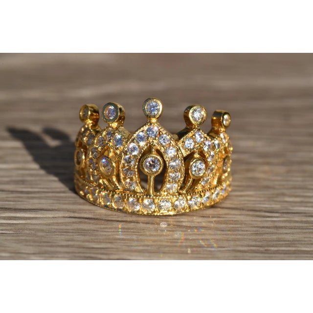 Metal The Royale: Intricate 14 K Gold Crown Ring set with Cubic Zirconia For Sale - Image 7 of 10