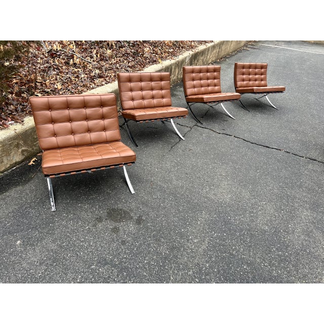 Set of 4 Vintage Knoll Barcelona Chairs by Mies Van Der Rohe Brown Leather Lounge Mid-Century For Sale - Image 15 of 15