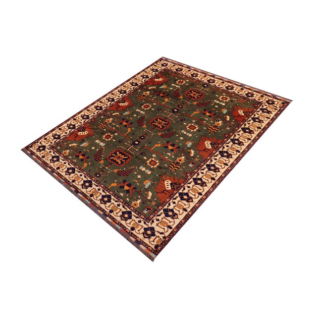 Tribal Tribal Kargahi 1980's Green/Beige Wool Rug - 9'1'' X 12'6'' For Sale - Image 3 of 10