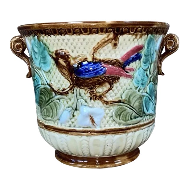 19th Century Majolica Bird Cache Pot Wasmuel For Sale