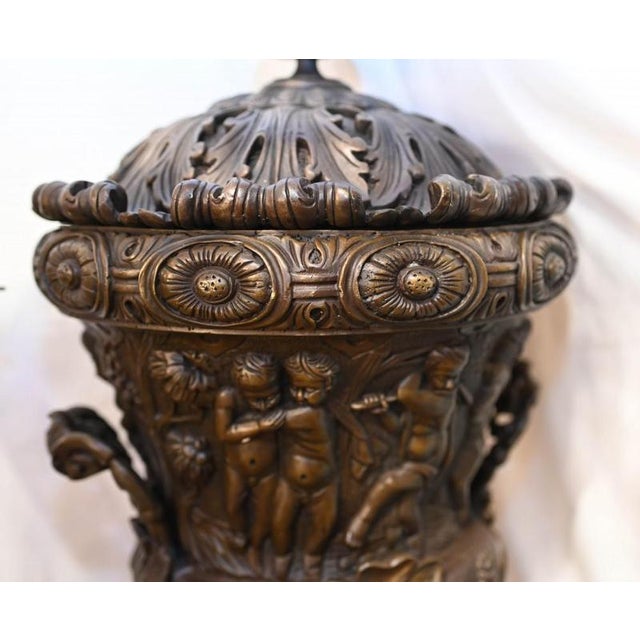 Large Bronze Urns Monumental Campana Cherub attributed to Clodion, Set of 2 For Sale - Image 3 of 12