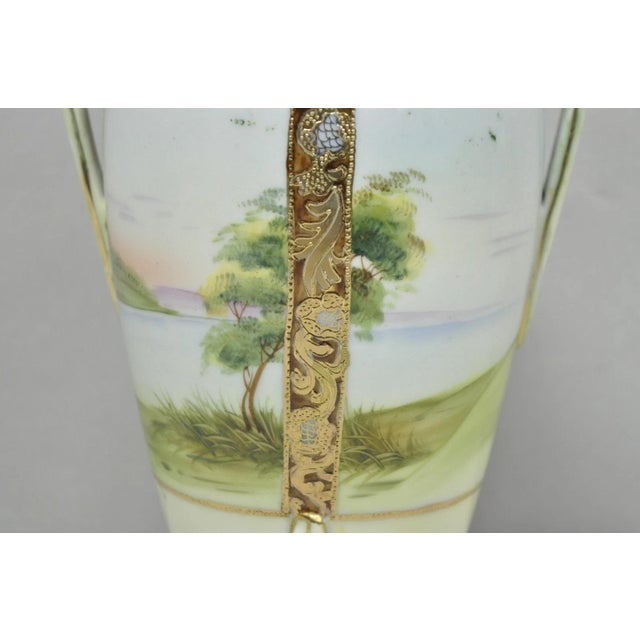 Antique Nippon Hand Painted Porcelain Twin Handled Vase W/ Swan & Lake Scene For Sale - Image 11 of 16