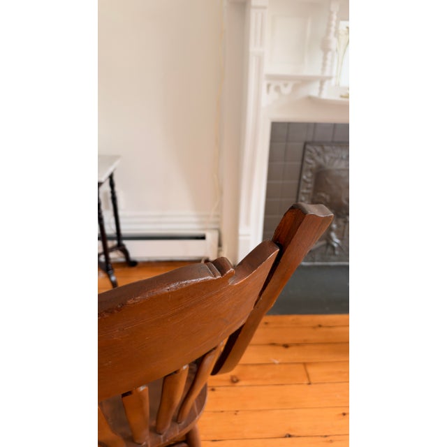 Late 19th Century Victorian Pressback Oak Rocking Chair With Carved Crest & Turned Spindles For Sale - Image 5 of 6