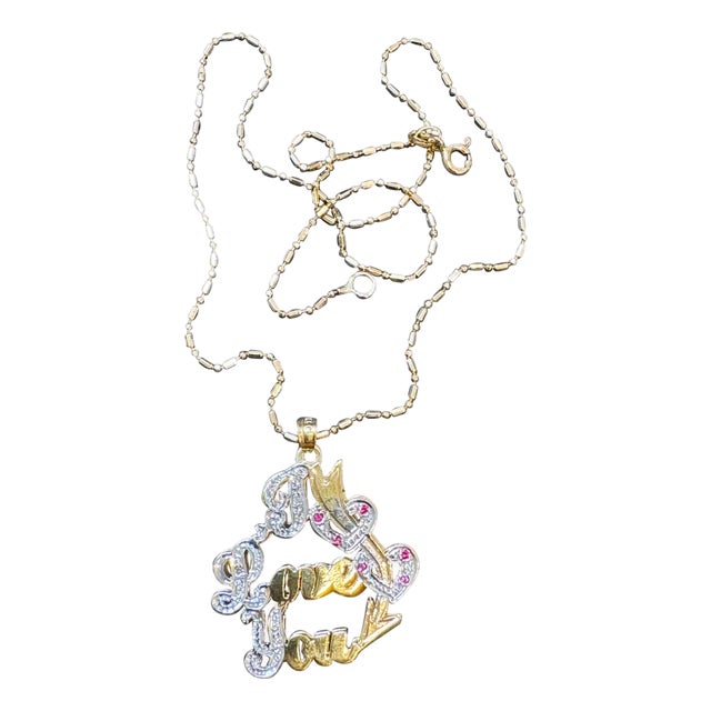 Vintage I Love You Pendant with Ruby in 14 K Yellow Gold Chain, 16" Long, 5.8gm For Sale