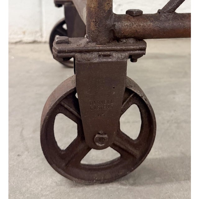 Wood Vintage Industrial Farmhouse Work Bench Table With Caster Wheels For Sale - Image 7 of 10