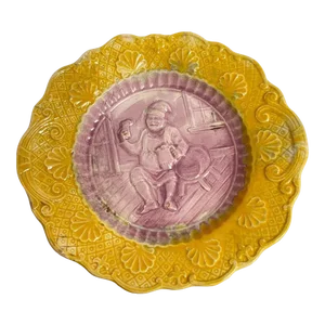 Antique Majolica Plate - Beer Drinking Toby Man Purple Pink Yellow Dish