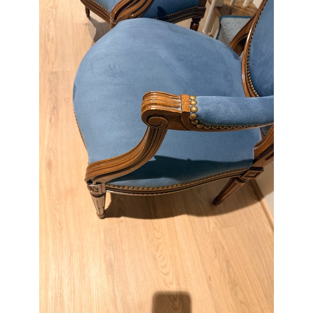 Pair of Ultra Suede Blue Louis Style Armchairs For Sale In Washington DC - Image 6 of 9