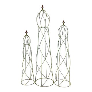 1940s Vintage French Neoclassical Iron Fluer De Lis Monumental Topiary Frames - Set of 3. For Sale