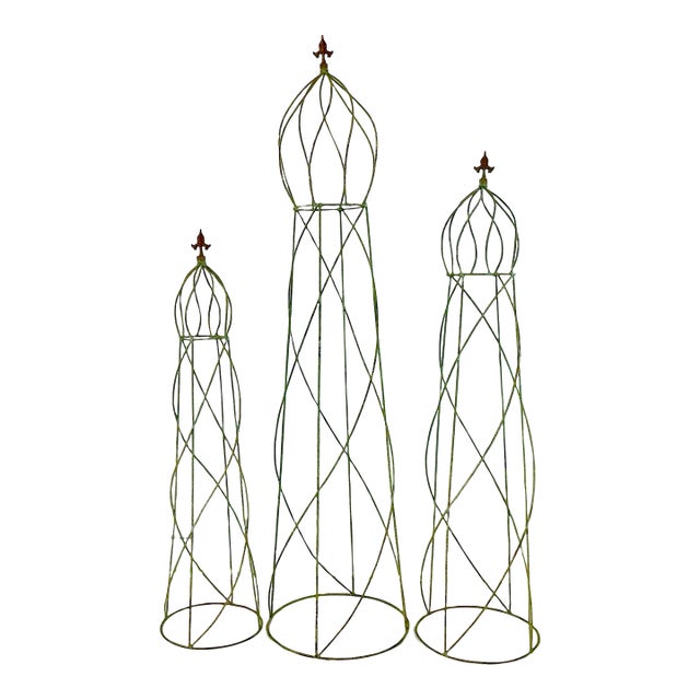 1940s Vintage French Neoclassical Iron Fluer De Lis Monumental Topiary Frames - Set of 3 For Sale