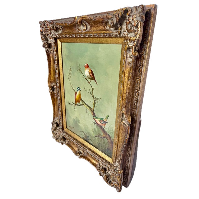 Vintage signed wild bird oil painting (c.1988) by Jeanine Albert in a carved gilt-wood with raised carved acanthus leaf...