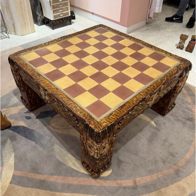 Vintage Mid-Century Carved Chess Board Coffee Table With Chess Pieces For Sale - Image 4 of 16