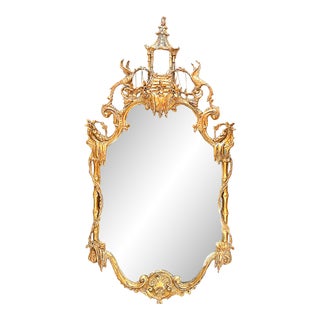 20th Century Large Chinoiserie Gilded Double Phoenix & Pagoda Mirror For Sale