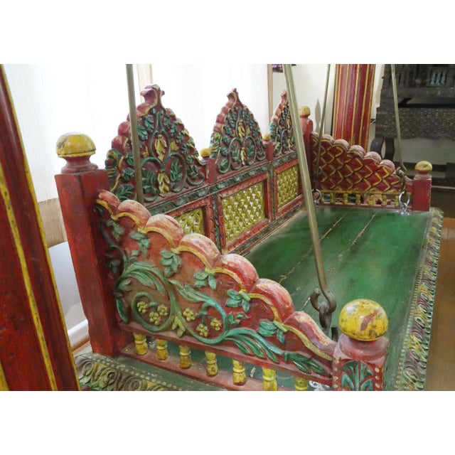 Wood Monumental Hand Carved Indian Polychrome Jhula (Swing) For Sale - Image 7 of 14