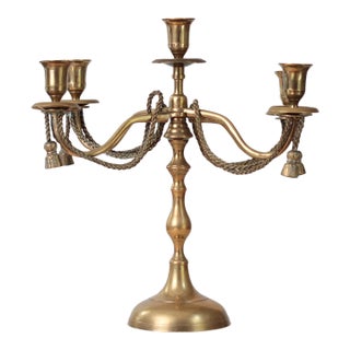 1970s Brass 5-Arm Candelabra With Rope and Tassel Detail For Sale