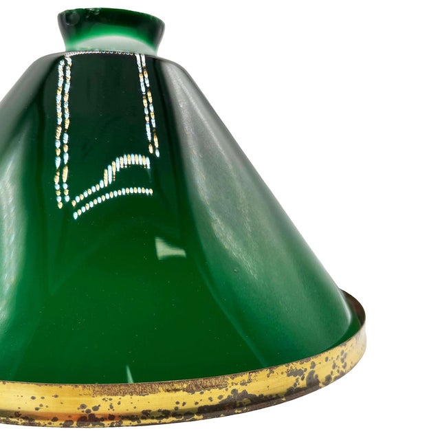 1920s Art Deco Banker/Poker Hanging Ceiling Light W/ 9" Brass Rim Green Glass Shade For Sale - Image 11 of 12