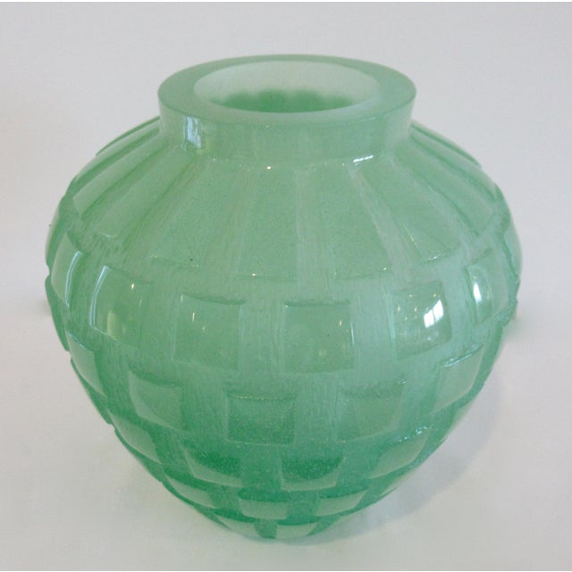Daum Daum France Crystal "Pate De Crystal," Celadon Green Geometric Raised Relief "Rhythmns," Vase/Vessel For Sale - Image 4 of 18