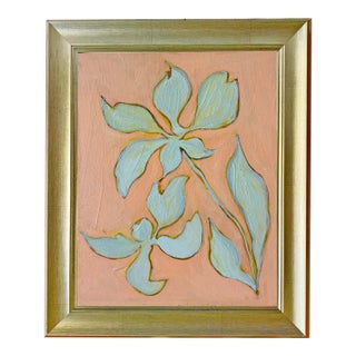 Original Framed Flower Painting, Mint Peach Wall Art, Oil on Canvas in Gold Frame, 15x19 Minimalist Boho Home Decor For Sale