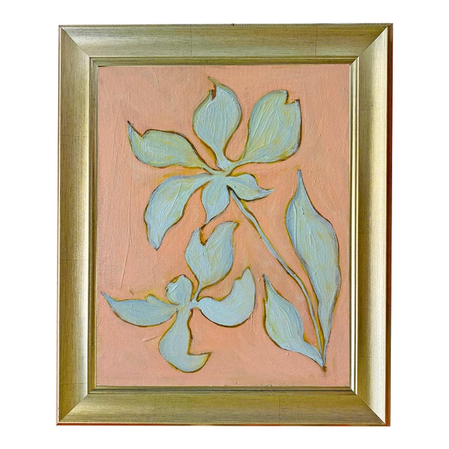 Original Framed Flower Painting, Mint Peach Wall Art, Oil on Canvas in Gold Frame, 15x19 Minimalist Boho Home Decor For Sale