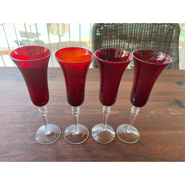 Glass Vintage Ruby Red Ribbed Champagne Flutes - Set of 4 For Sale - Image 7 of 7