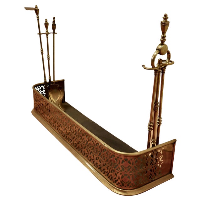Victorian Pierced Brass Fender with Fire Irons For Sale