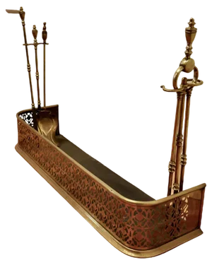 Victorian Pierced Brass Fender with Fire Irons