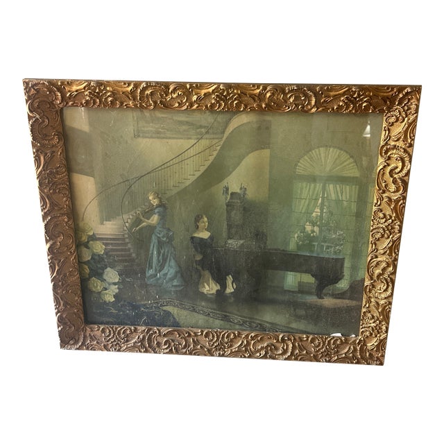 Gold Framed Vintage Print of Women and Piano For Sale