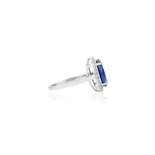 Not Yet Made - Made To Order 5.47 Carat Blue Sapphire 14k White Gold Halo Diamond Wedding Ring Size 5.5 For Sale - Image 5 of 12