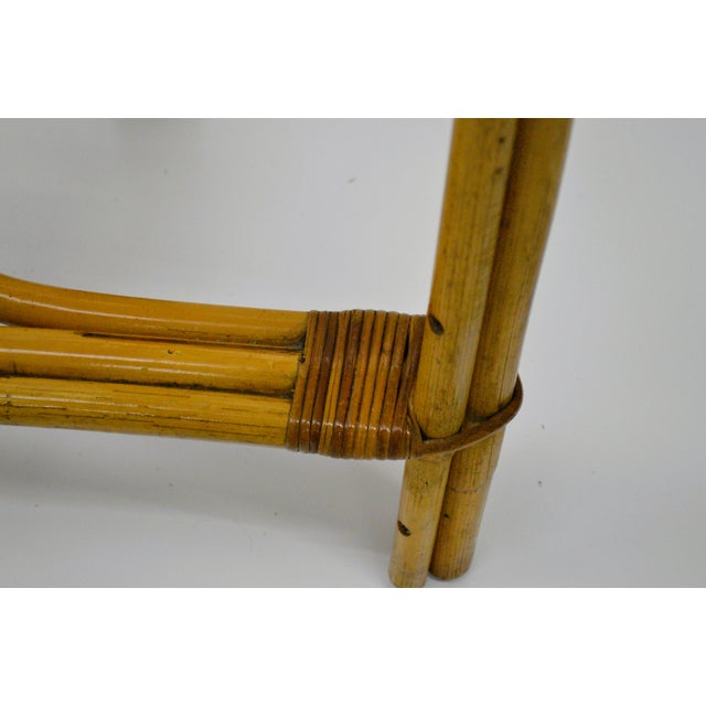 1950s Bamboo Bentwood Rattan Strand Glass Top X Base Console Accent Table For Sale - Image 10 of 11