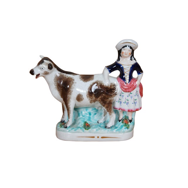 English Antique 19th Century Staffordshire Porcelain Cow Milk Maid Spill Vase Creamer For Sale - Image 3 of 12