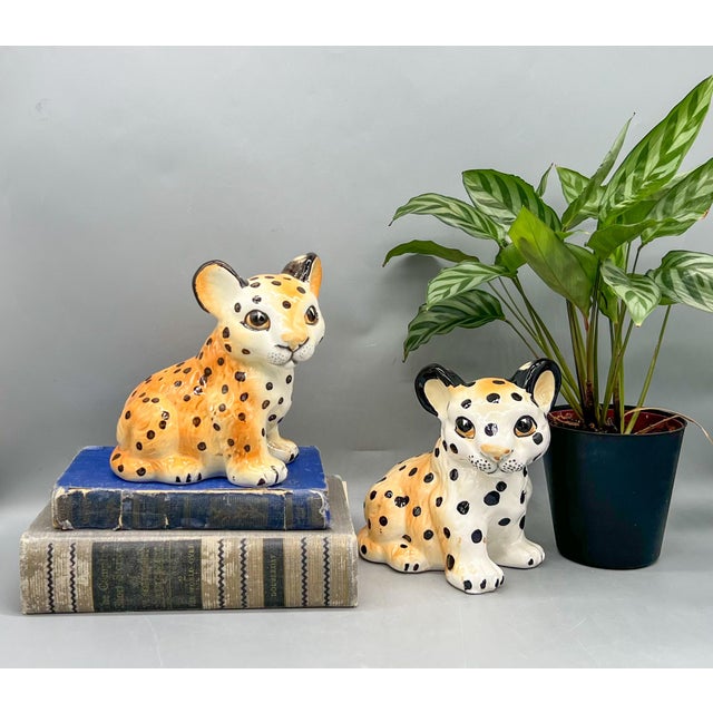 Delightful pair of vintage Shafford ceramic leopard cubs features oversized ears, wide eyes, and hand-painted black spots....
