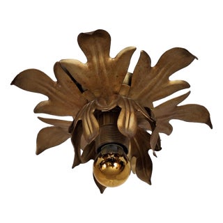 Flat Florentine Ceiling Lamp with Gold-Bronze Metal Frame, 1980s For Sale
