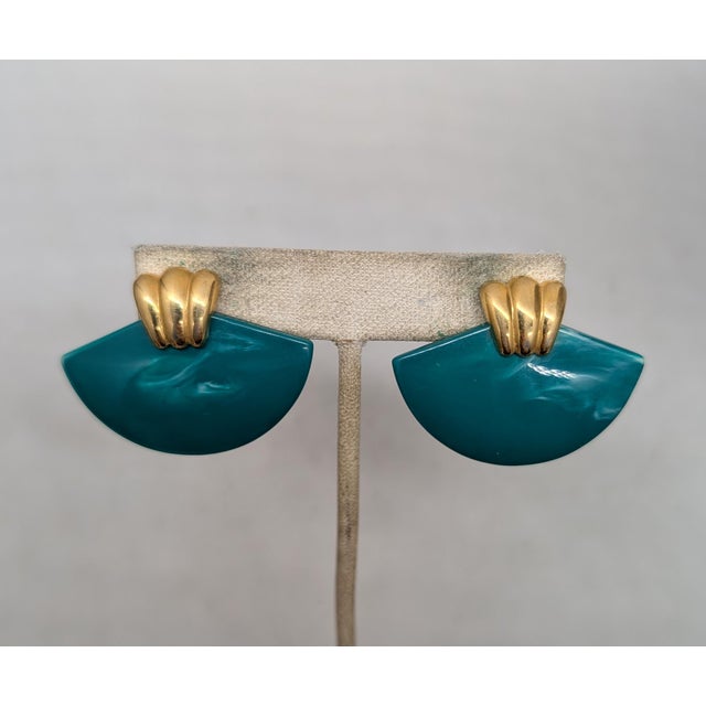 1980s Vintage 1980s Signed Monet Goldtone Green Marbled Pierced Earrings-2 Pieces For Sale - Image 5 of 8