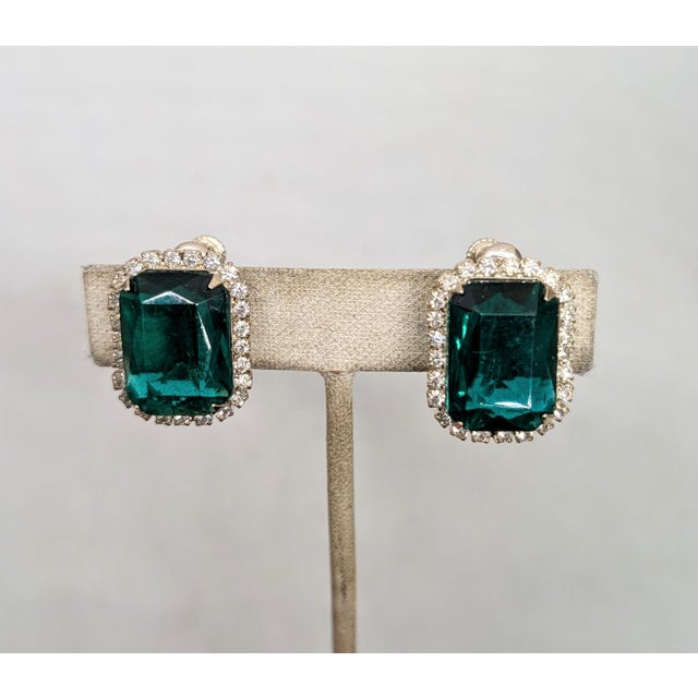 Vintage 1980s Signed Les Bernard Faux-Emerald & Clear Rhinestone Clip Earrings-2 Pieces For Sale In Philadelphia - Image 6 of 8