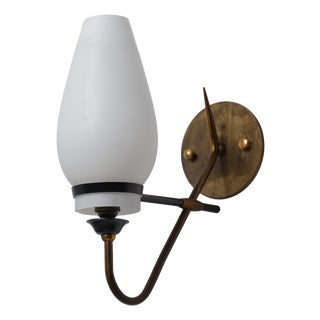 Italian Brass Black Metal and Opaline Glass Wall Sconce, 1950s For Sale