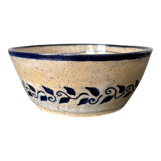 Hand-Painted Studio Pottery Bowl With Cobalt Botanical Design For Sale