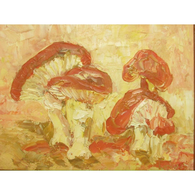 Vintage English oil on board painting of mushrooms, c.1950’s Depicting a group of mushrooms with bright burnt orange caps...