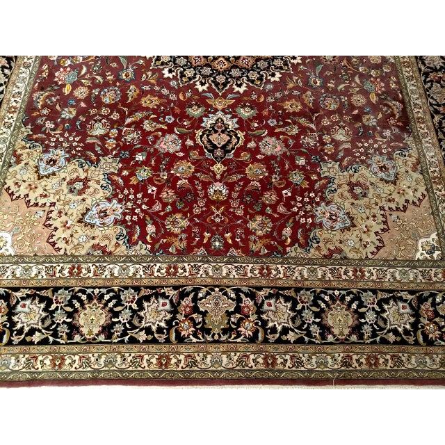 Vintage Persian Tabriz Rug, Hand-Knotted Wool & Silk, Fine Floral Pattern, Burgundy & Navy, 10x13 For Sale - Image 14 of 18